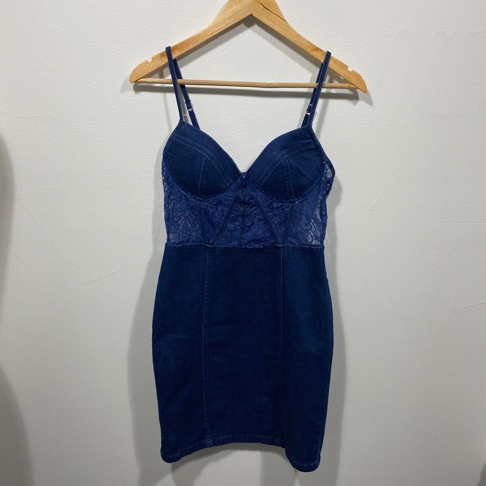 Haute Monde Y2K 90s Denim Lace Corset Dress Coquette Sheath Mini Size Small‎
